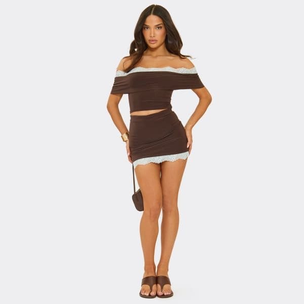 EGO Mid Waist Lace Trim Mini Skirt In Chocolate Brown Slinky, Women's Size UK 6 - 1