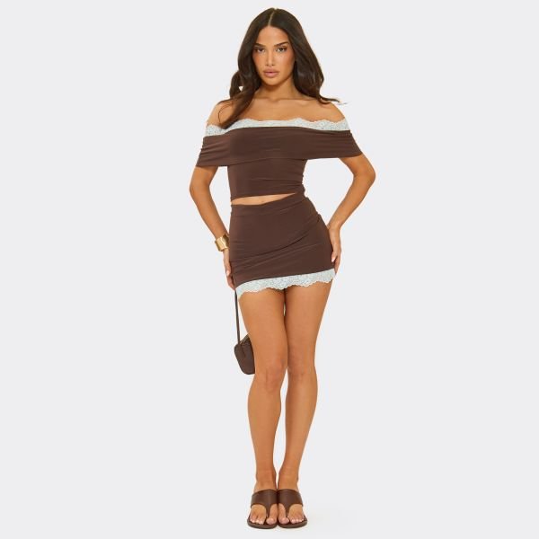 EGO Mid Waist Lace Trim Mini Skirt In Chocolate Brown Slinky, Women's Size UK 6 - 2