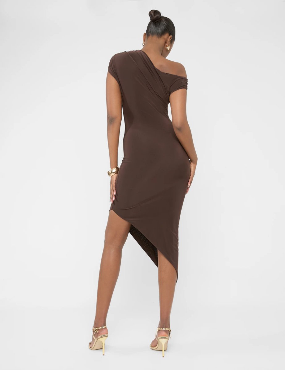 Public Desire Asymmetric Off The Shoulder Drape Slinky Maxi Dress Chocolate - 2