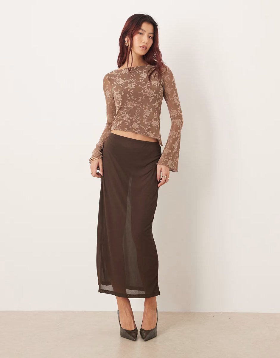 ASOS Gina Tricot sheer midi skirt in brown - 1