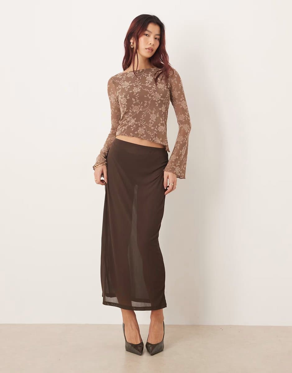ASOS Gina Tricot sheer midi skirt in brown