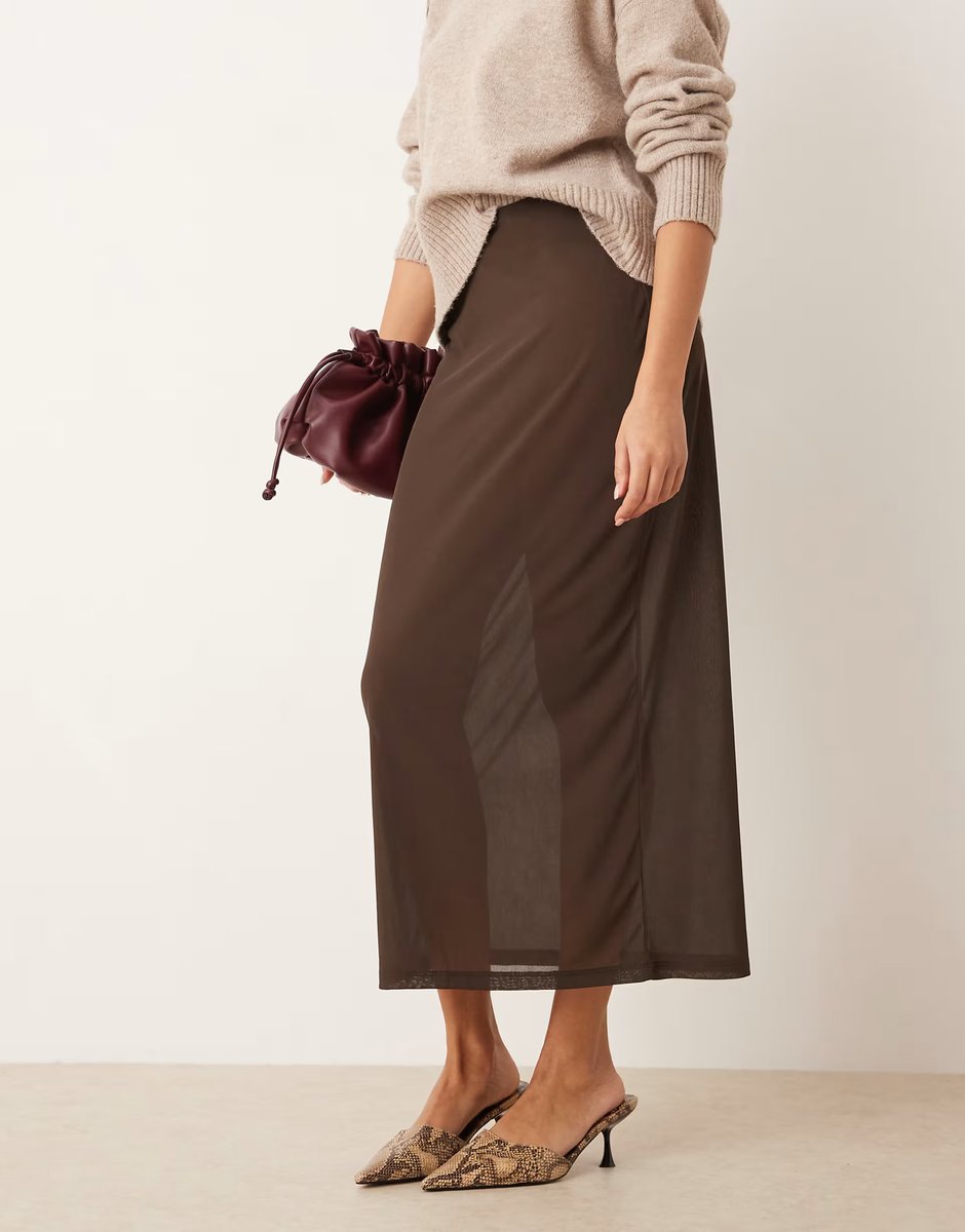 ASOS Gina Tricot sheer midi skirt in brown - 3