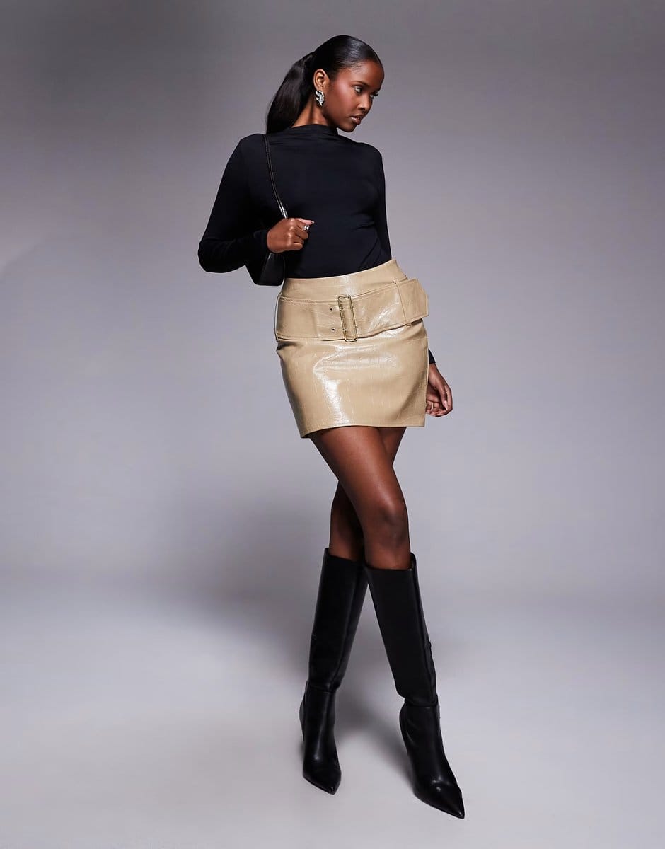 ASOS River Island faux leather pocket detail mini skirt in beige - 1