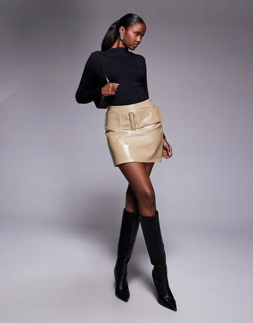ASOS River Island faux leather pocket detail mini skirt in beige - 1