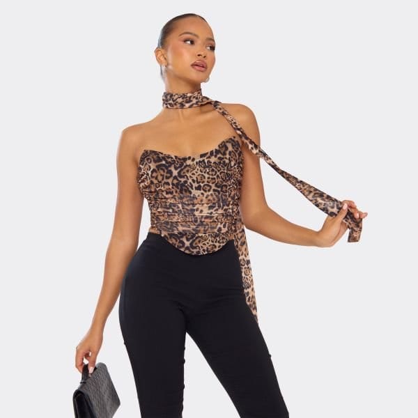 EGO Bandeau Scarf Detail Corset Top In Brown Leopard Print, Women's Size UK 6 - 1