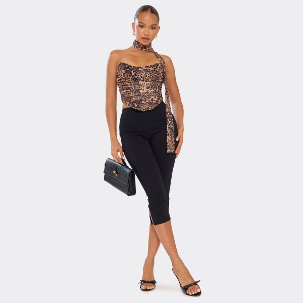 EGO Bandeau Scarf Detail Corset Top In Brown Leopard Print, Women's Size UK 6 - 2