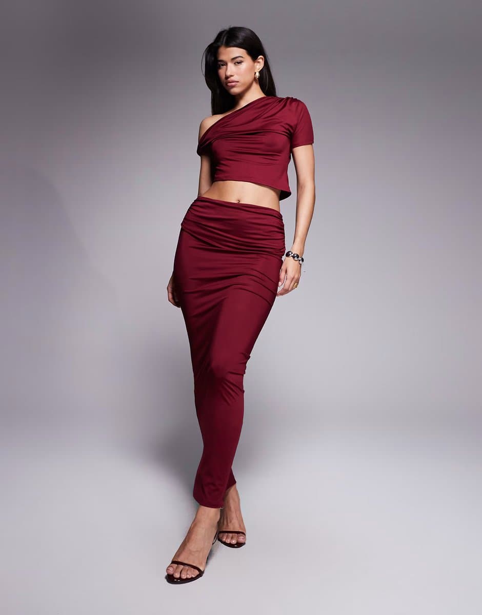 ASOS The Frolic exclusive double sculpted slinky off shoulder twist detail crop top and maxi skirt co-ord in burgundy