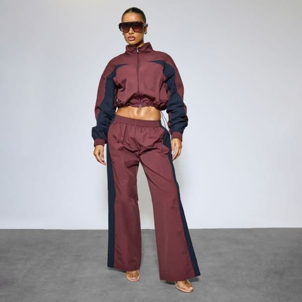 EGO Long Sleeve Contrast Panel Toggle Hem Zip Up Jacket In Plum Shell, Women's Size UK 6