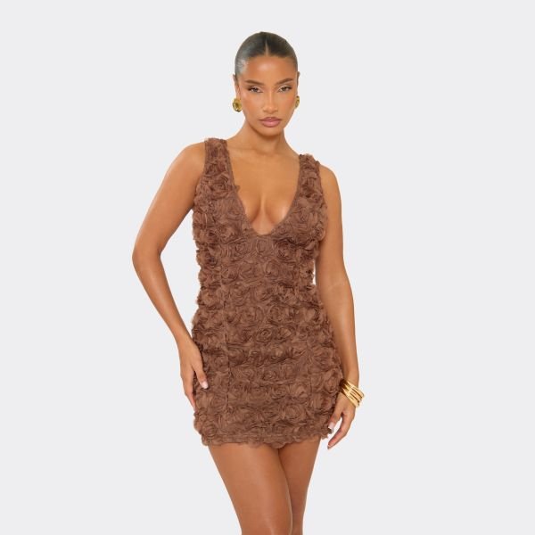 EGO Plunge Front Floral Applique Mini Dress In Chocolate Brown, Women's Size UK 6 - 1