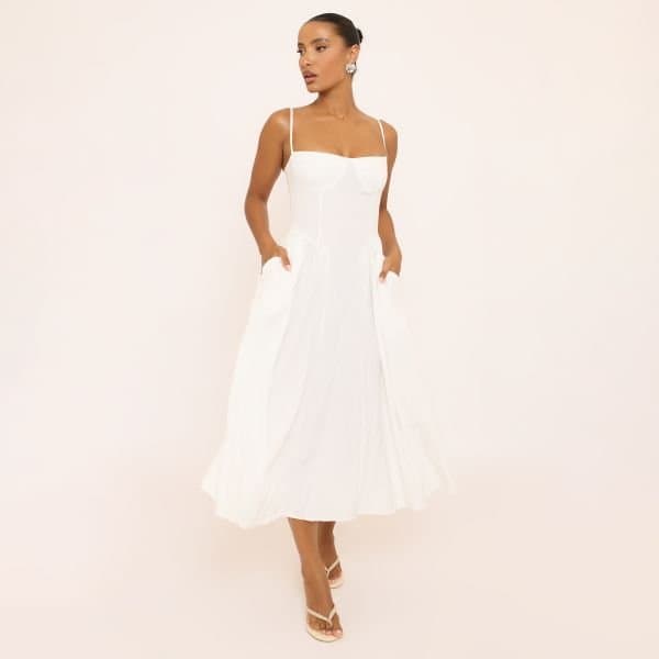 EGO Strappy Pleated Skater Midaxi Dress In White, Women's Size UK 4