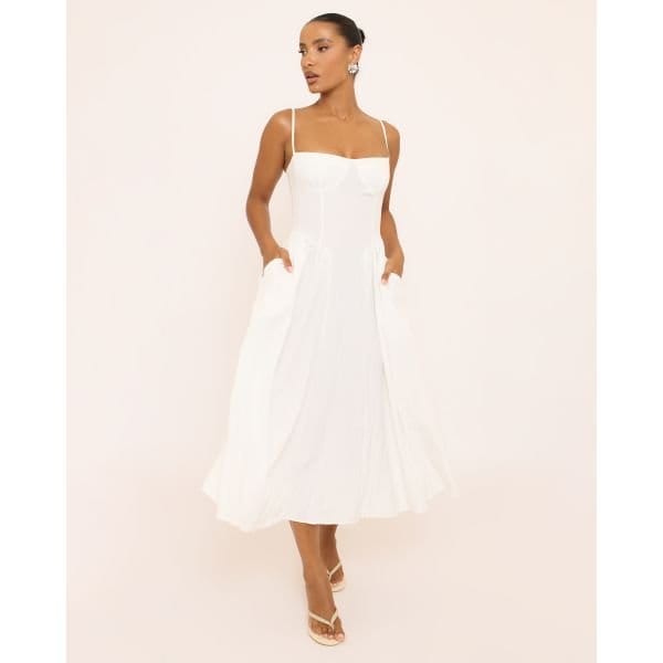 EGO Strappy Pleated Skater Midaxi Dress In White, Women's Size UK 4 - 2