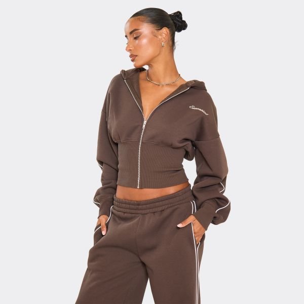 EGO Long Sleeve Contrast Stripe Graphic Detail Cinched Waist Zip Up Hoodie In Chocolate Brown, Women's Size UK 4 - 2