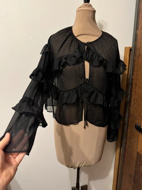 ASOS Design black sheer crisp ruffle long sleeve front tie blouse top whimsy 70s boho