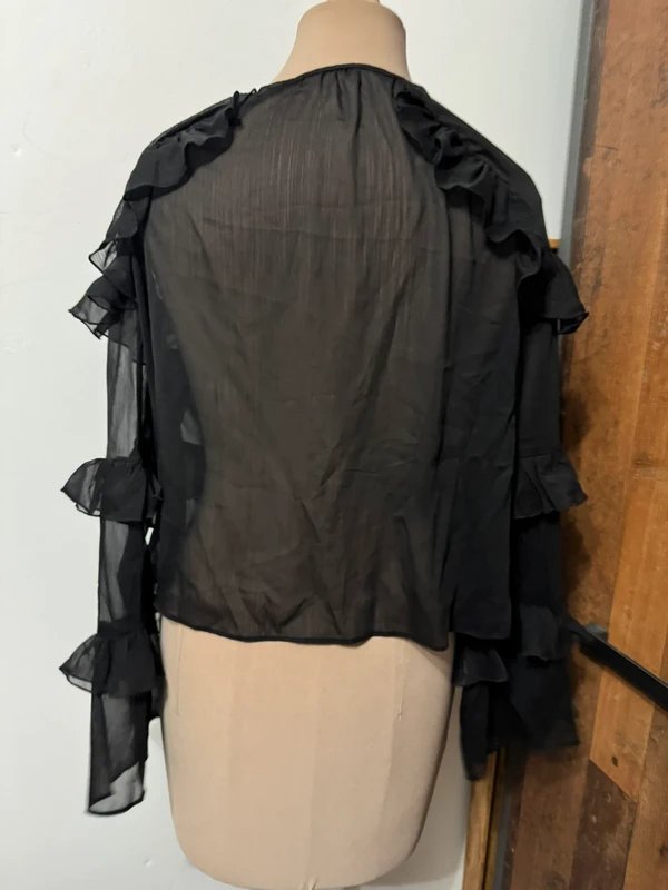 ASOS Design black sheer crisp ruffle long sleeve front tie blouse top whimsy 70s boho - 3
