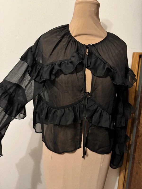 ASOS Design black sheer crisp ruffle long sleeve front tie blouse top whimsy 70s boho - 4