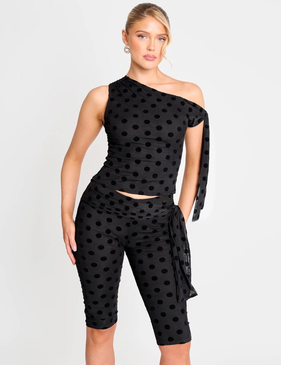 Public Desire Knot Detail Asymmetric One Shoulder Polka Dot Devore Top Black