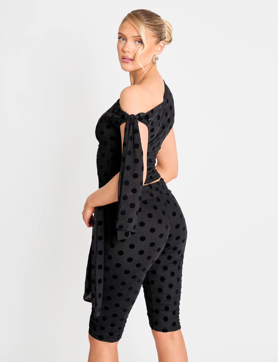 Public Desire Knot Detail Asymmetric One Shoulder Polka Dot Devore Top Black - 2