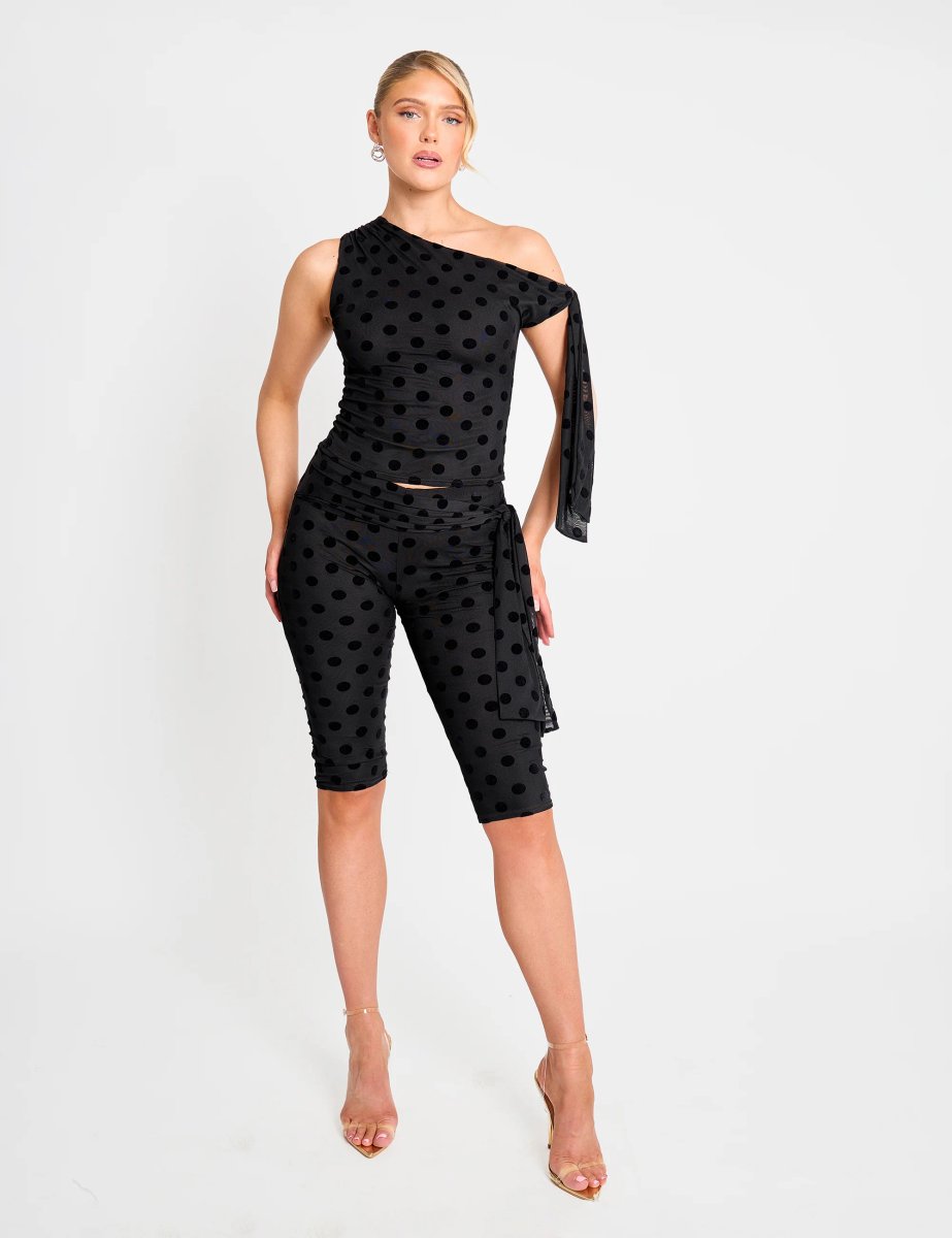 Public Desire Knot Detail Asymmetric One Shoulder Polka Dot Devore Top Black - 3