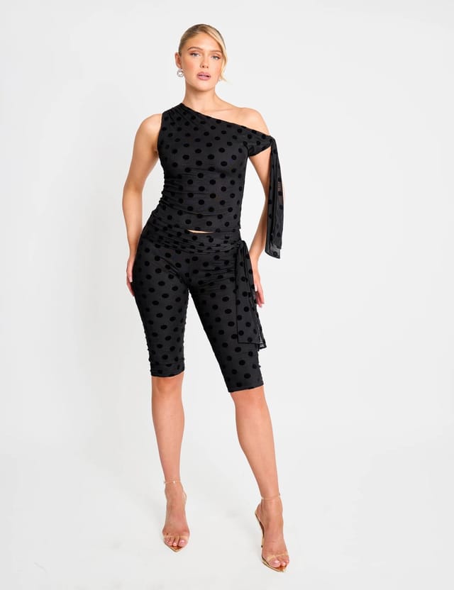 Public Desire Knot Detail Asymmetric One Shoulder Polka Dot Devore Top Black - 3