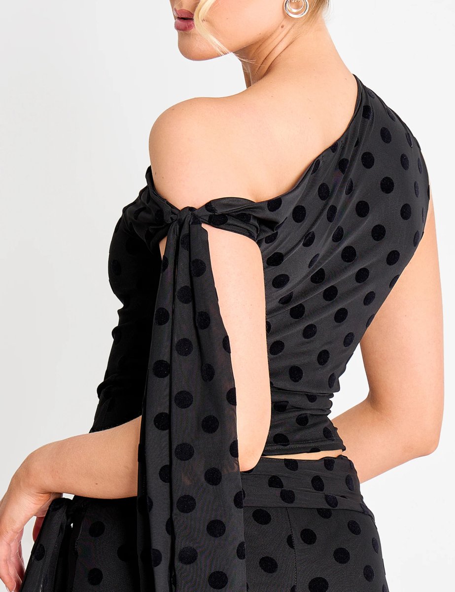 Public Desire Knot Detail Asymmetric One Shoulder Polka Dot Devore Top Black - 4