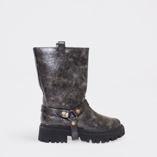 EGO Not A Phase Side Buckle Detail Ankle Boot In Distressed Black Faux Leather, Women's Size UK 3 - 1