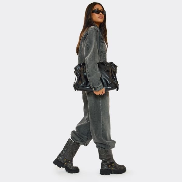 EGO Not A Phase Side Buckle Detail Ankle Boot In Distressed Black Faux Leather, Women's Size UK 3 - 2