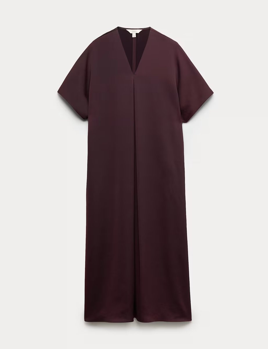 Marks & Spencer M&S Satin V-Neck Midaxi Shift Dress Raisin - 2