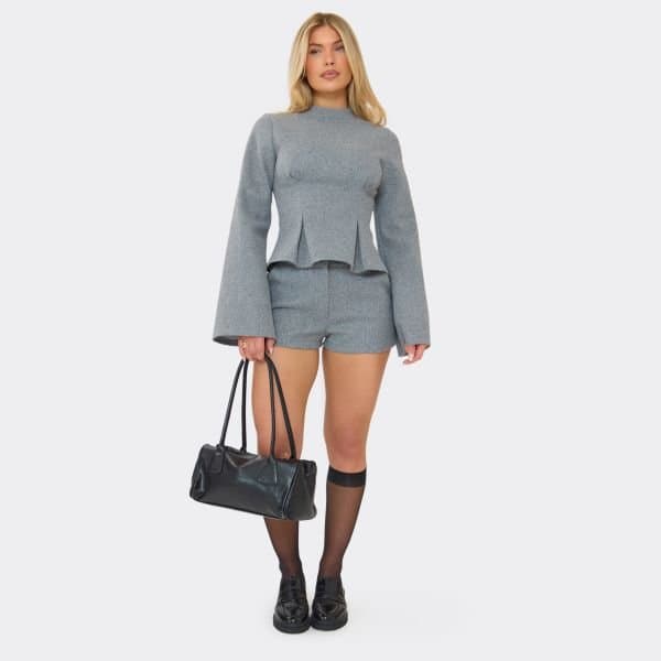 EGO Mid Rise Wool-Look Shorts In Grey, Women's Size UK 6