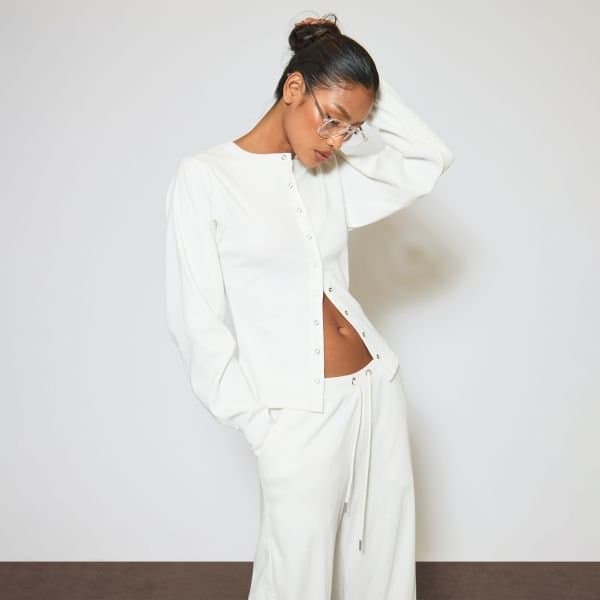 EGO Long Sleeve Popper Detail Top In Cream Ribbed, Women's Size UK 6