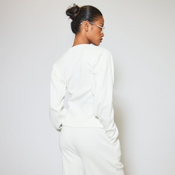 EGO Long Sleeve Popper Detail Top In Cream Ribbed, Women's Size UK 6 - 2