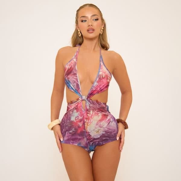 EGO Halterneck Cut Out Bead Detail Playsuit In Multi Printed, Women's Size UK 6