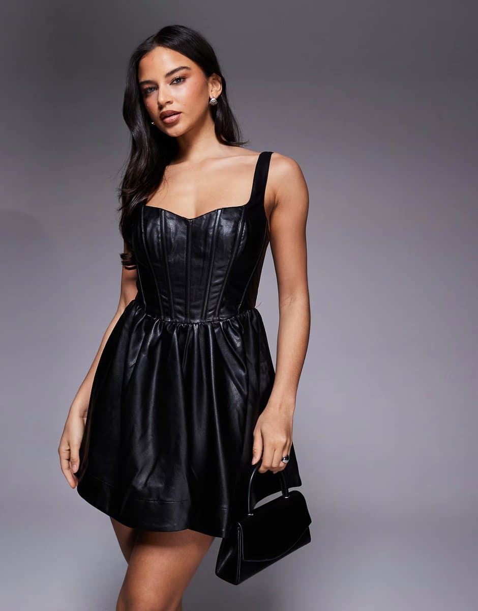 ASOS Bardot Savoy leather look mini dress in black