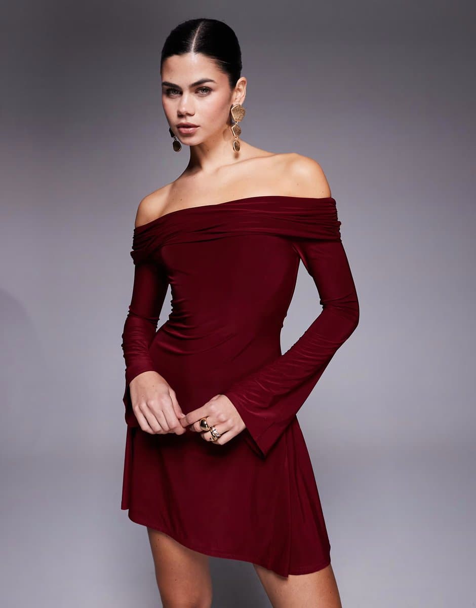 ASOS Kaiia exclusive double layered slinky bardot skater mini dress in burgundy