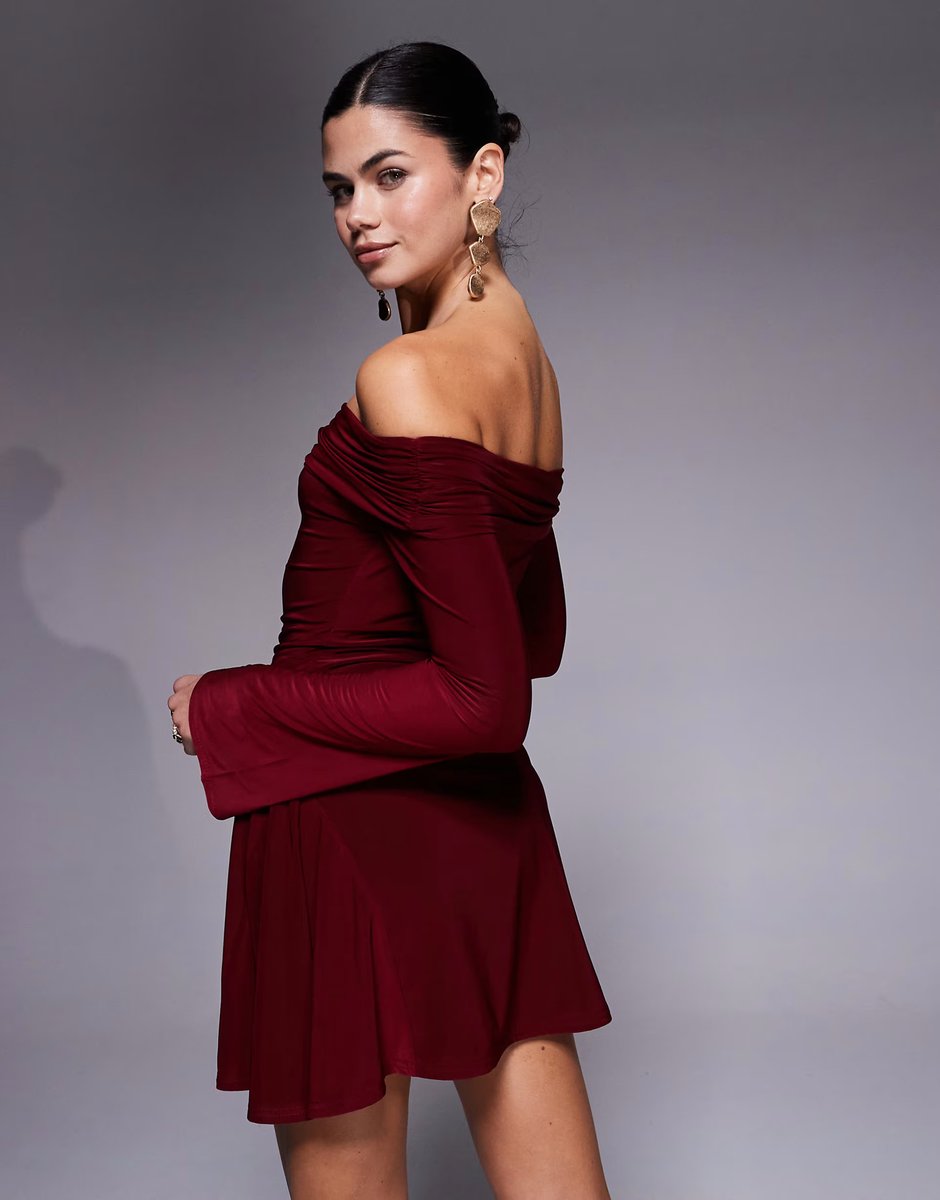ASOS Kaiia exclusive double layered slinky bardot skater mini dress in burgundy - 4