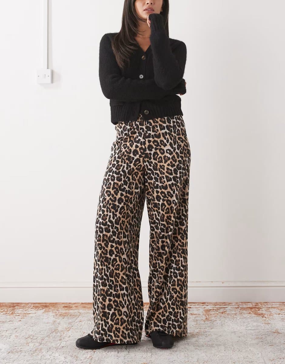 ASOS Noisy May ribbed wide leg trouser in leopard print