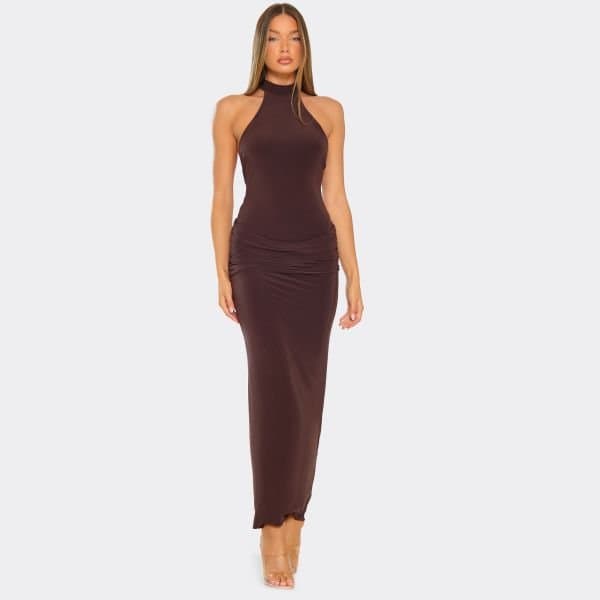 EGO Hight Neck Ruched Draping Detail Maxi Dress In Chocolate Brown, Women's Size UK 6