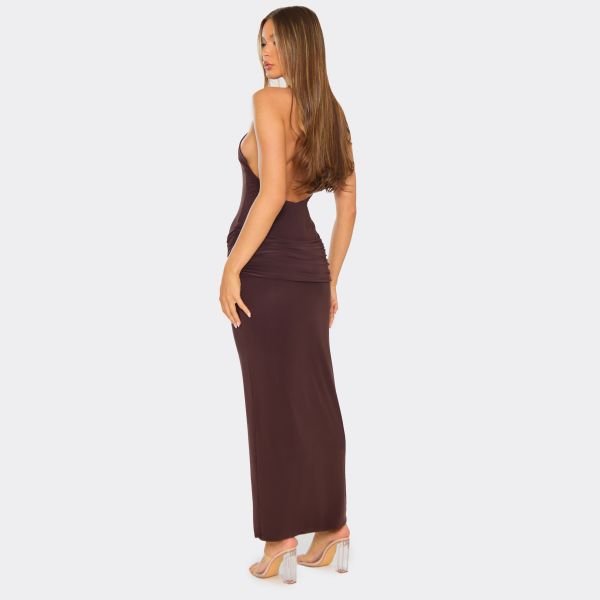 EGO Hight Neck Ruched Draping Detail Maxi Dress In Chocolate Brown, Women's Size UK 6 - 2