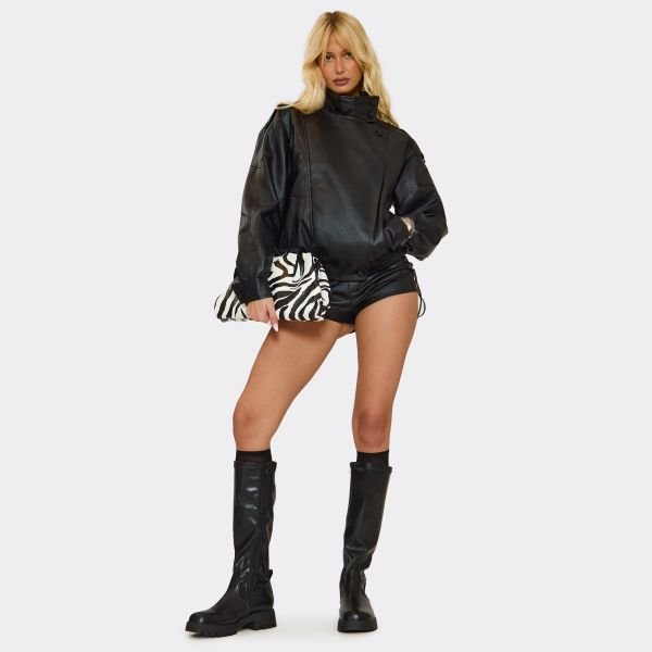 EGO Beloved Chunky Sole Knee High Long Biker Boot In Black Faux Leather, Women's Size UK 5 - 2