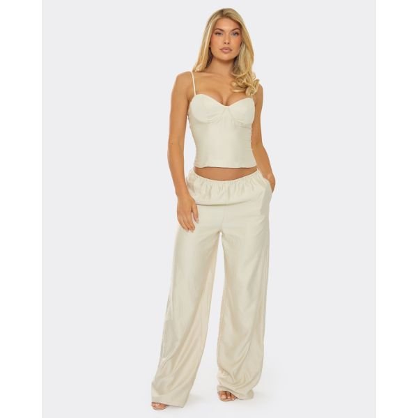 EGO Low Rise Elastic Waistband Wide Leg Trousers In Cream, Women's Size UK 6 - 2