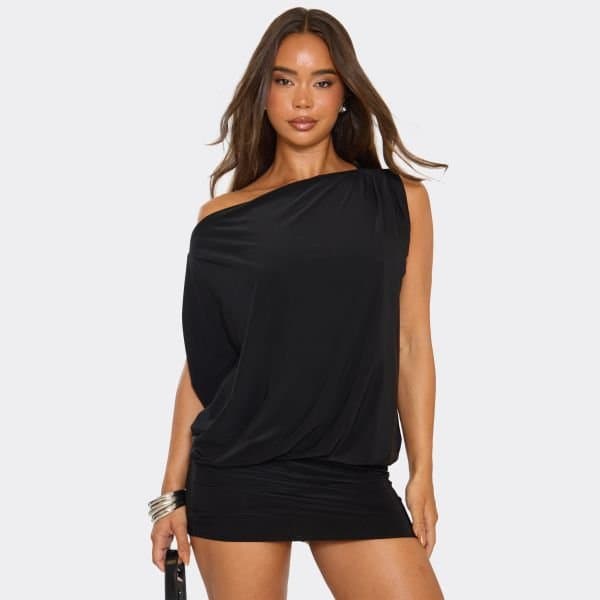 EGO Off The Shoulder Draped Asymmetric Mini Dress In Black Slinky, Women's Size UK 6