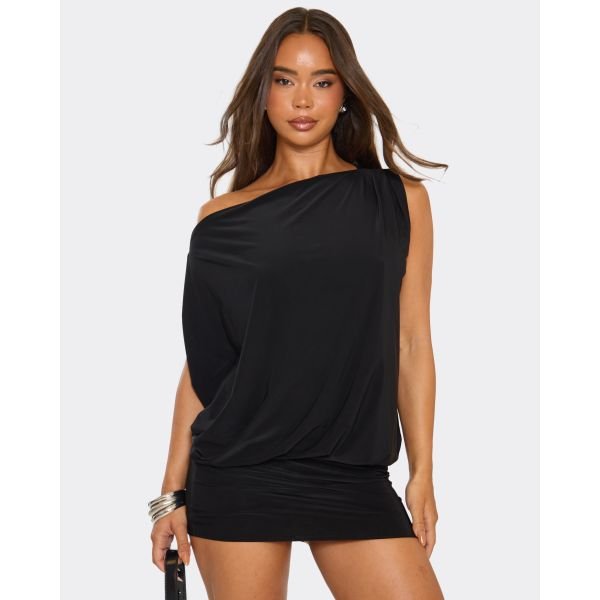 EGO Off The Shoulder Draped Asymmetric Mini Dress In Black Slinky, Women's Size UK 6 - 2