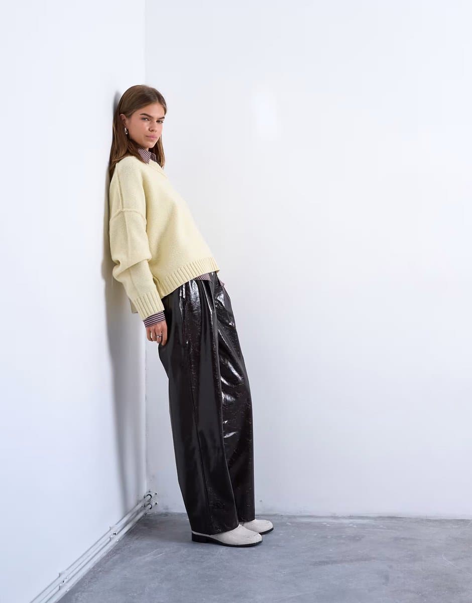 ASOS Topshop high shine high waist faux leather pleated straight leg trouser  in brown