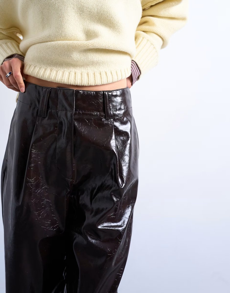 ASOS Topshop high shine high waist faux leather pleated straight leg trouser  in brown - 3