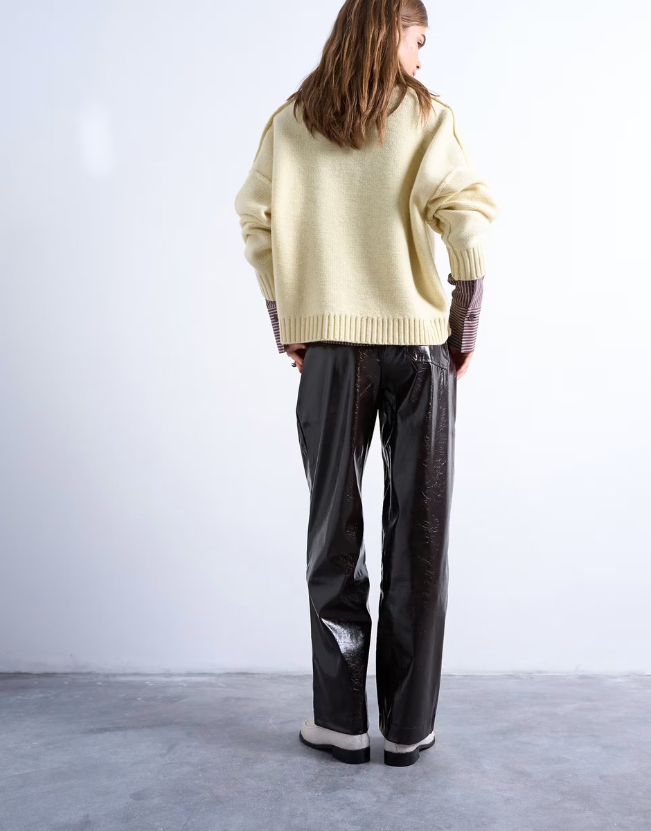 ASOS Topshop high shine high waist faux leather pleated straight leg trouser  in brown - 4