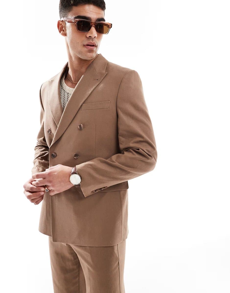 ASOS ASOS DESIGN linen blend double breasted regular suit jacket in brown