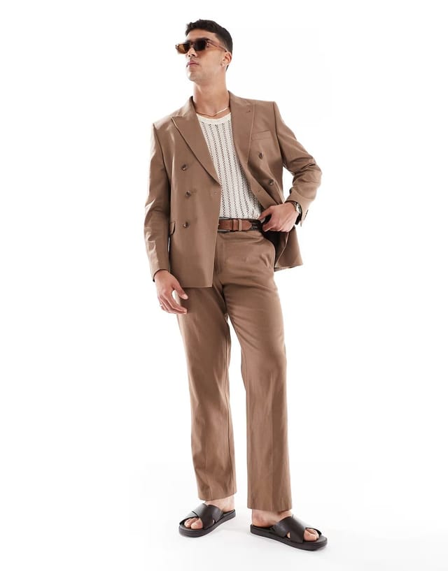 ASOS ASOS DESIGN linen blend double breasted regular suit jacket in brown - 2