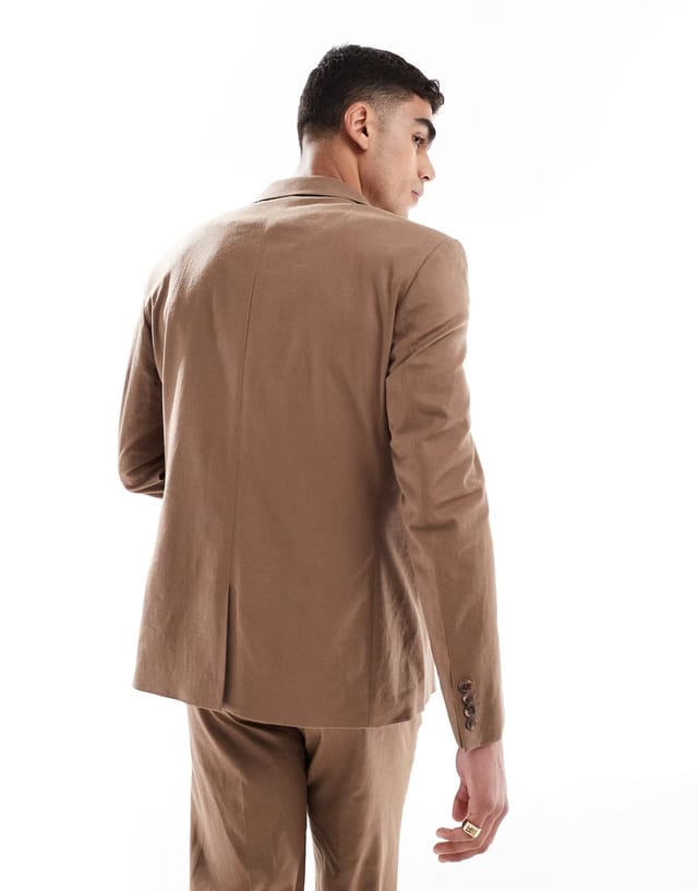 ASOS ASOS DESIGN linen blend double breasted regular suit jacket in brown - 3