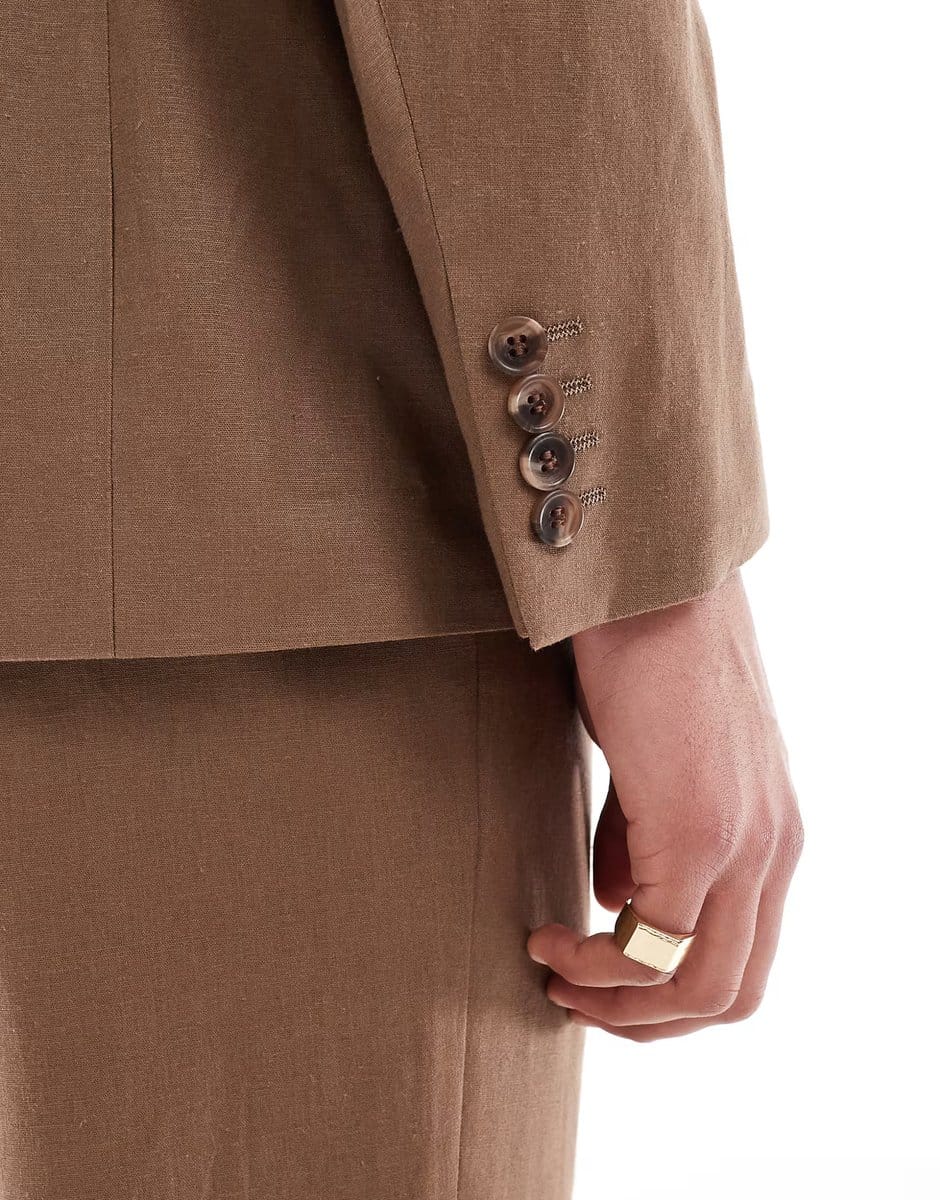 ASOS ASOS DESIGN linen blend double breasted regular suit jacket in brown - 4