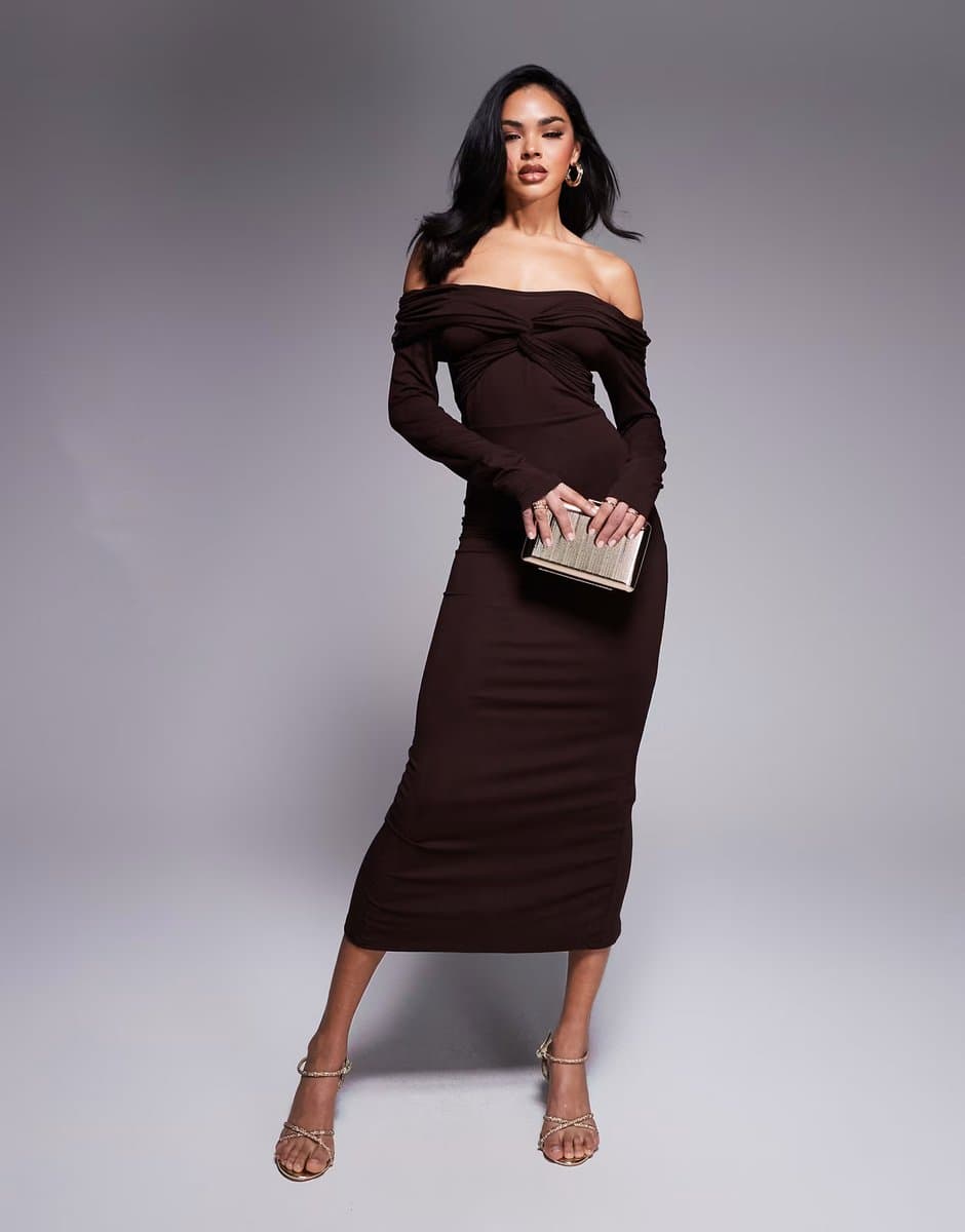 ASOS ASOS DESIGN off shoulder twist midi dress with long sleeves in chocolate