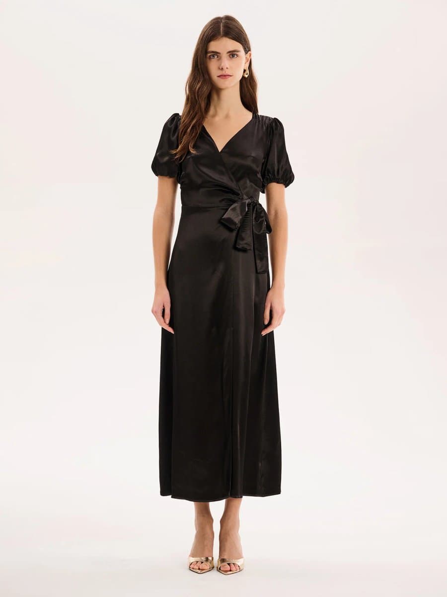 OMNES OMNES Elegant Wrap Midi Dress in Black